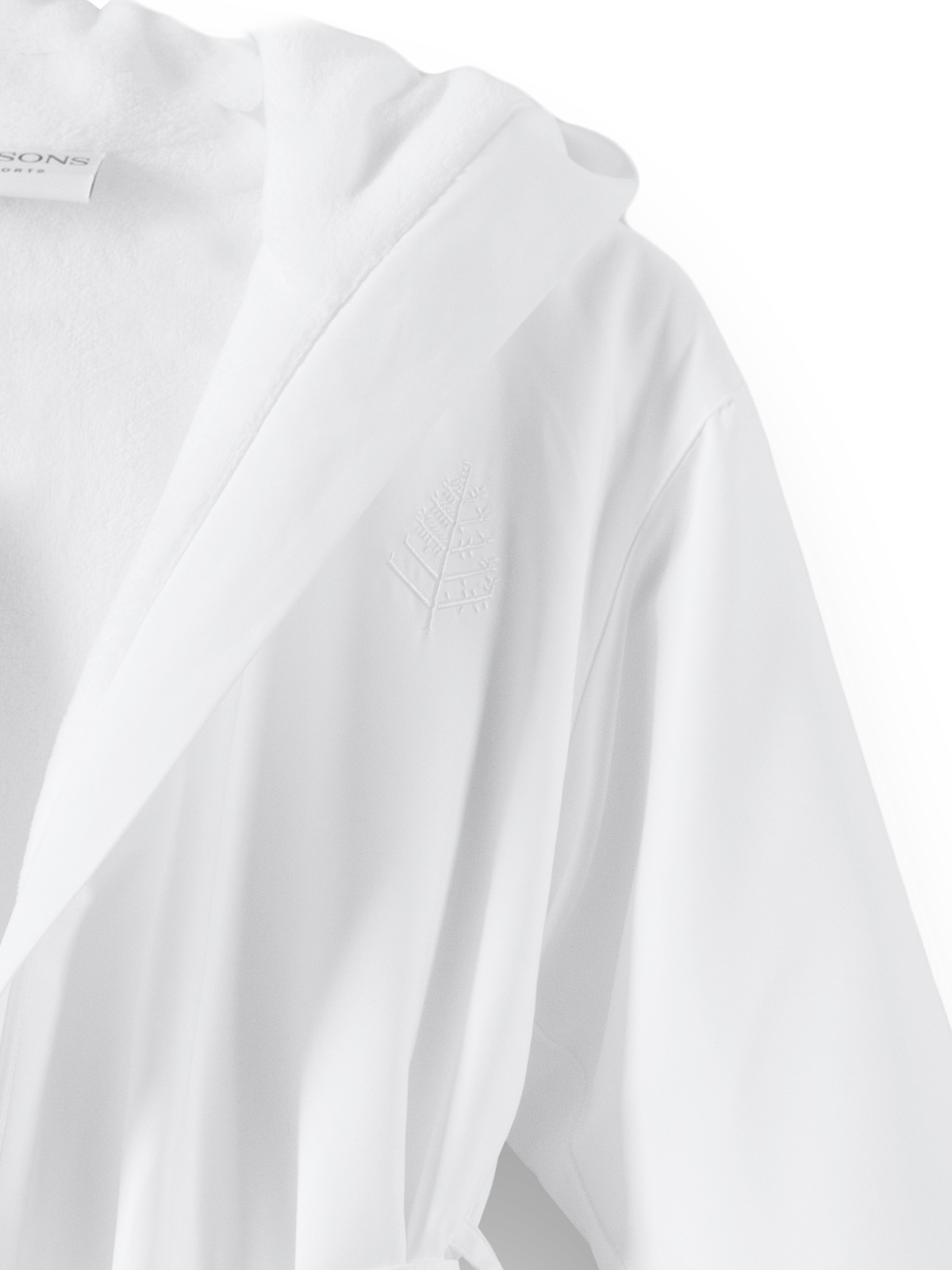 Kids' robe, front, white, 100% microfiber, kimono style, attached hood, flame retardant lining, Four Seasons logo embroidered on chest