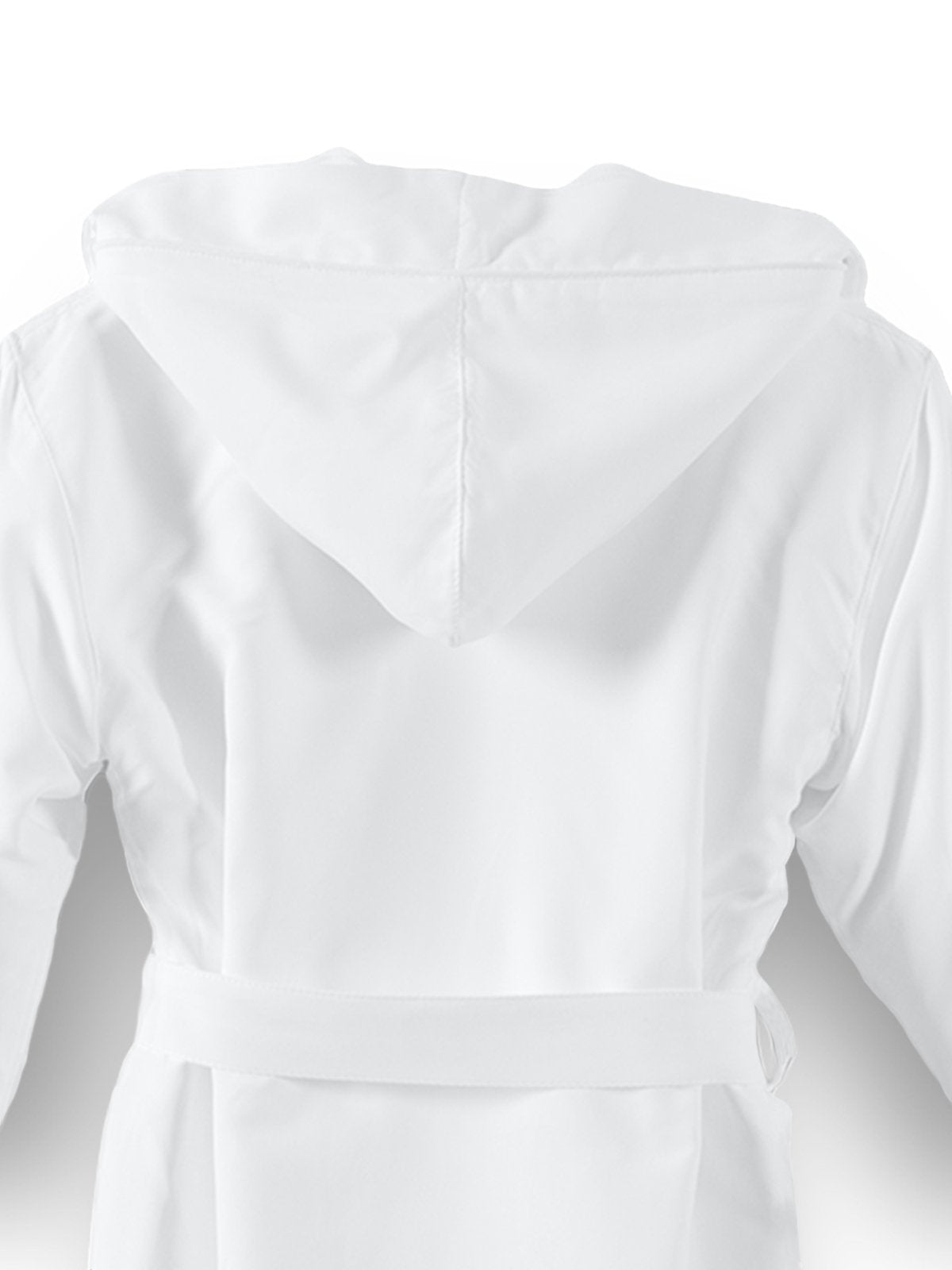 Kids' robe, back, white, 100% microfiber, kimono style, attached hood, flame retardant lining, Four Seasons logo embroidered on chest