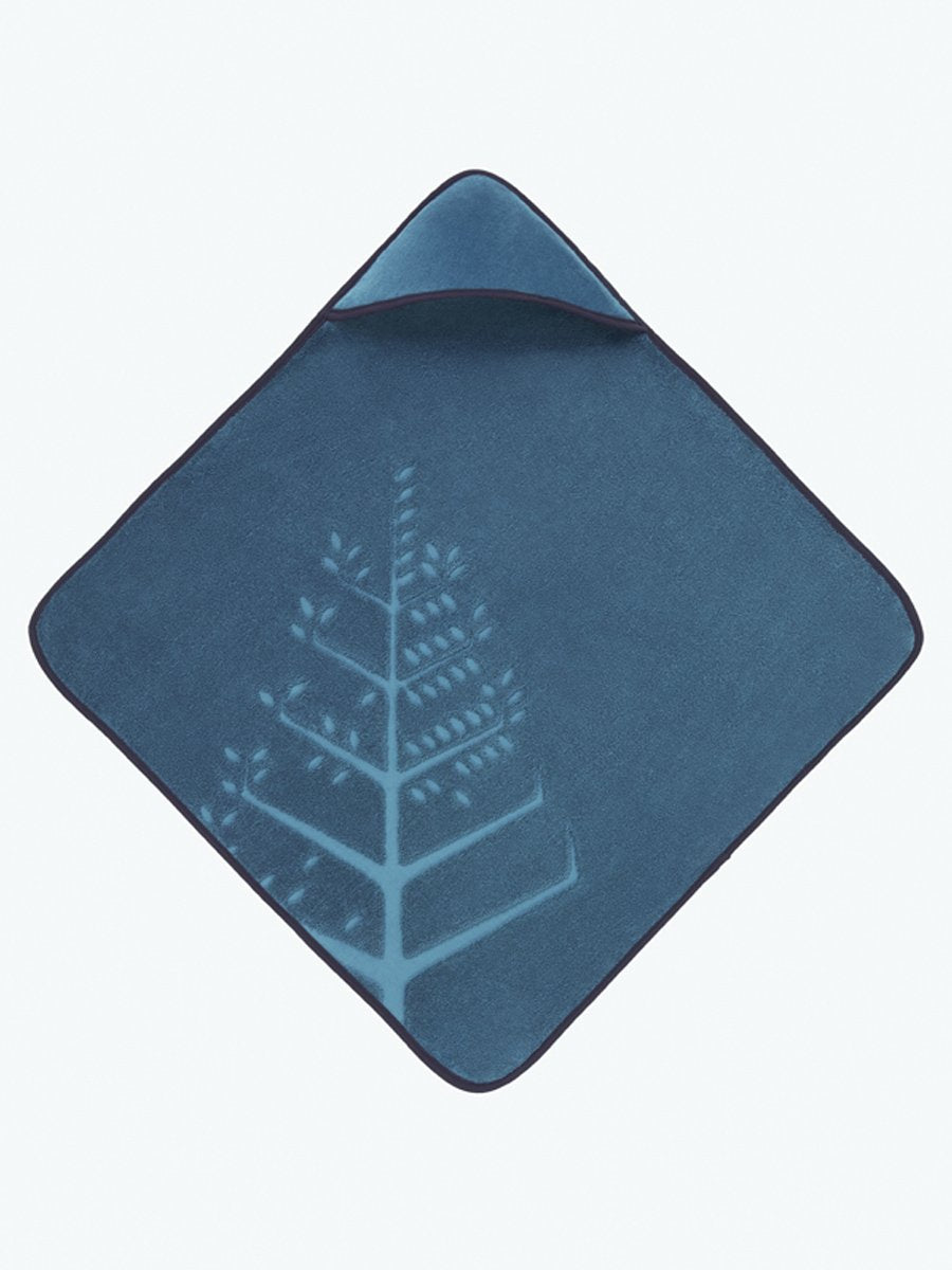 Soft and absorbent hooded baby towel in a calming blue shade, featuring an embroidered Four Season logo.