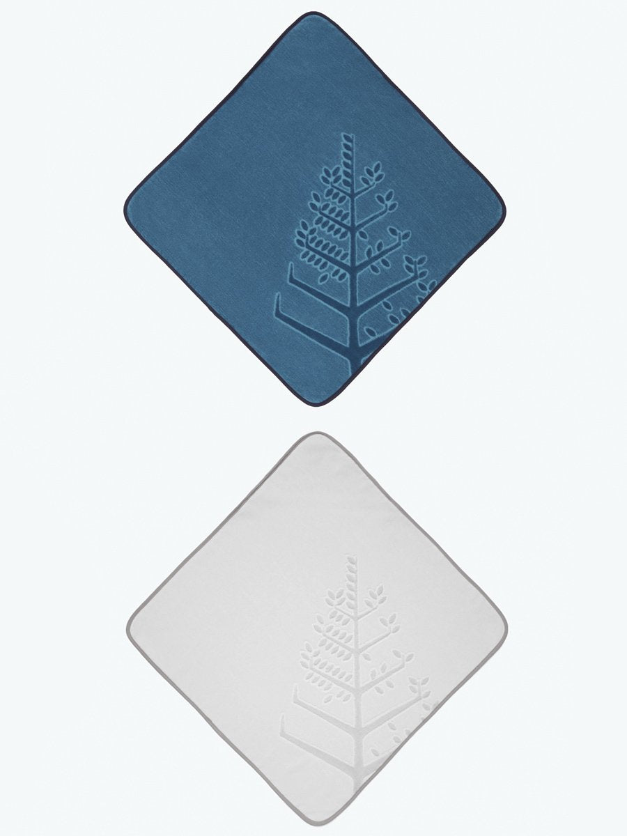 Two baby hooded towels, one in a "Underwater Blue" shade and one in "Mountain Grey," each with an embroidered Four Season logo.