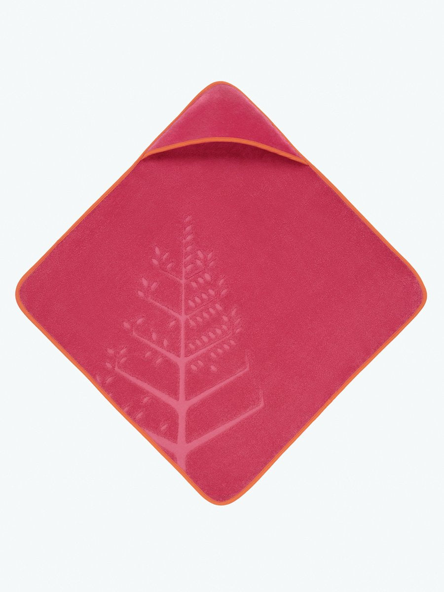 Soft and absorbent baby hooded towel in "Coral Reef Pink" with embroidered Four Season logo.
