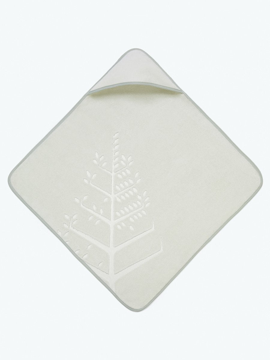 Soft and absorbent baby hooded towel in "Safari Sage" with embroidered Four Season logo.