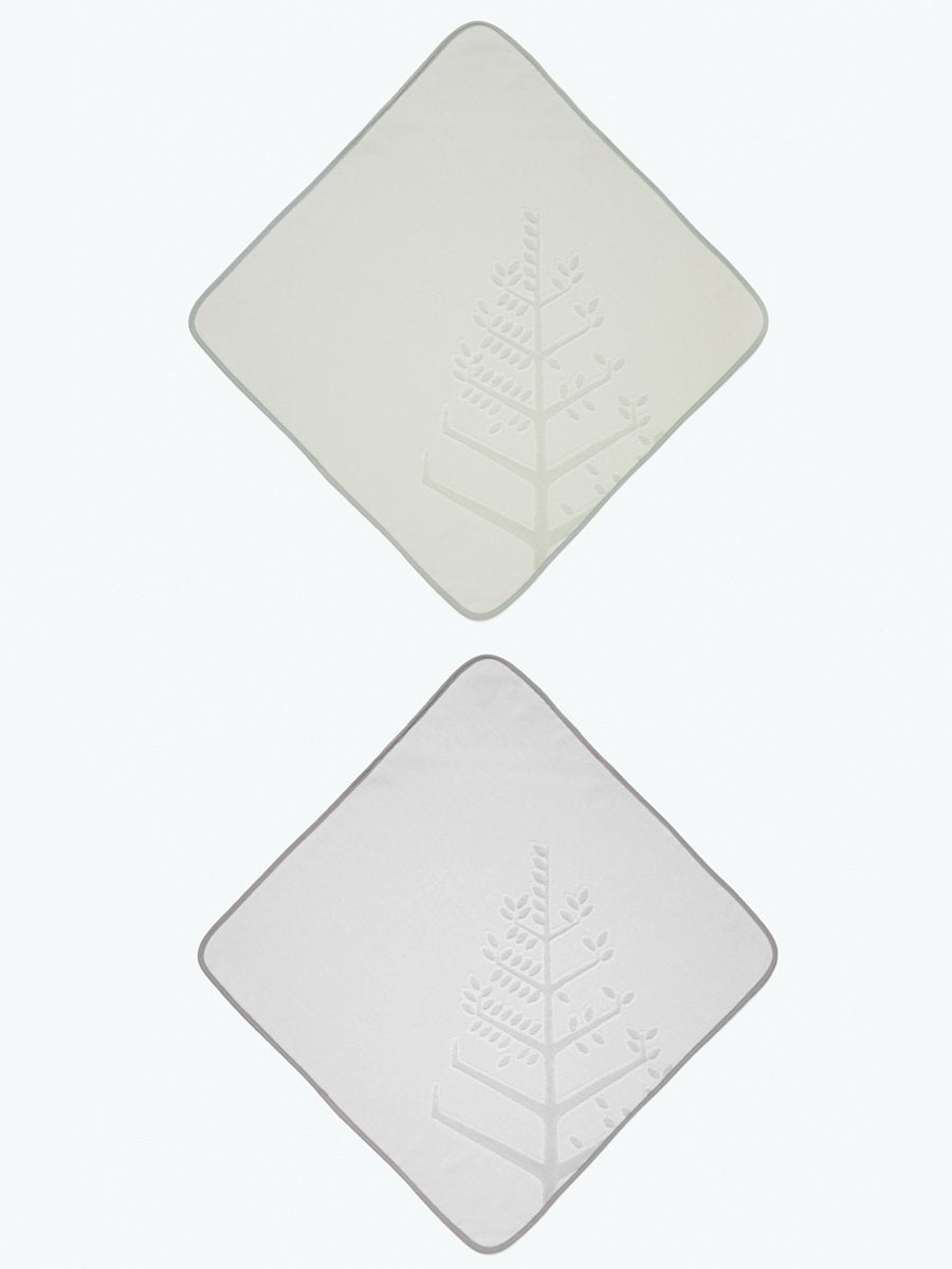 Two baby hooded towels, one in a "Safari Sage" shade and one in "Mountain Grey" each with an embroidered Four Season logo.