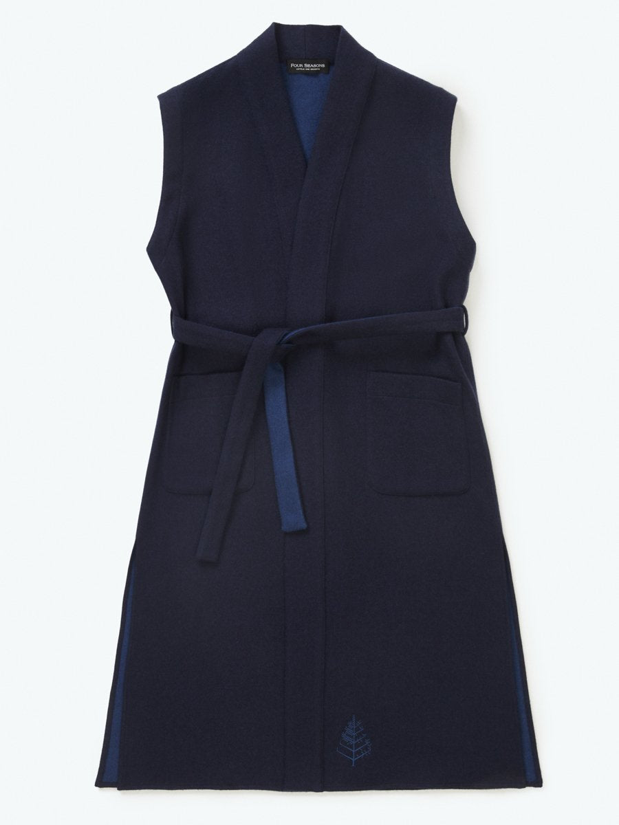 Front view of a Four Seasons Resort, sleeveless, lightweight Italian wool robe, Riviera Navy tone, elegant, stylish and elegant design.