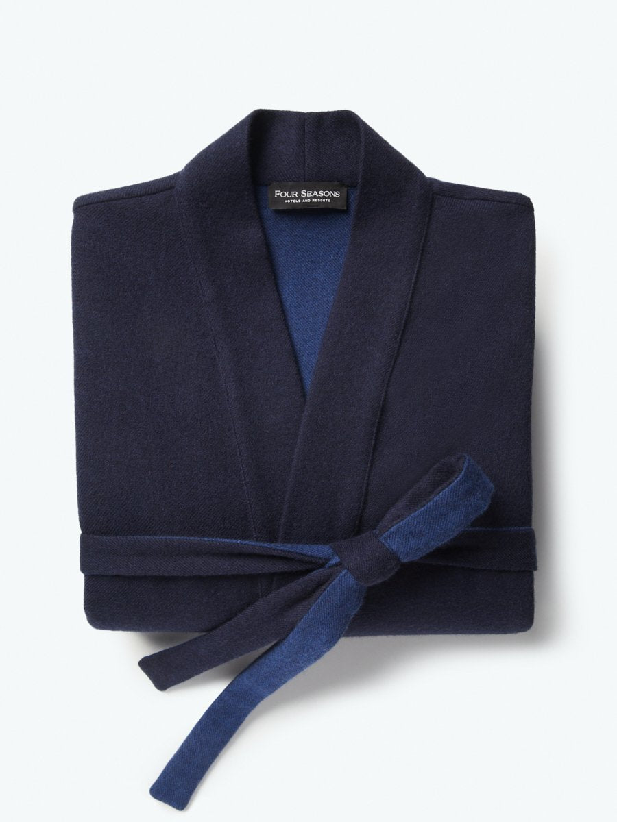 Front view of a Four Seasons Resort, sleeveless, lightweight Italian wool robe, Riviera Navy tone, elegant, stylish and elegant design.