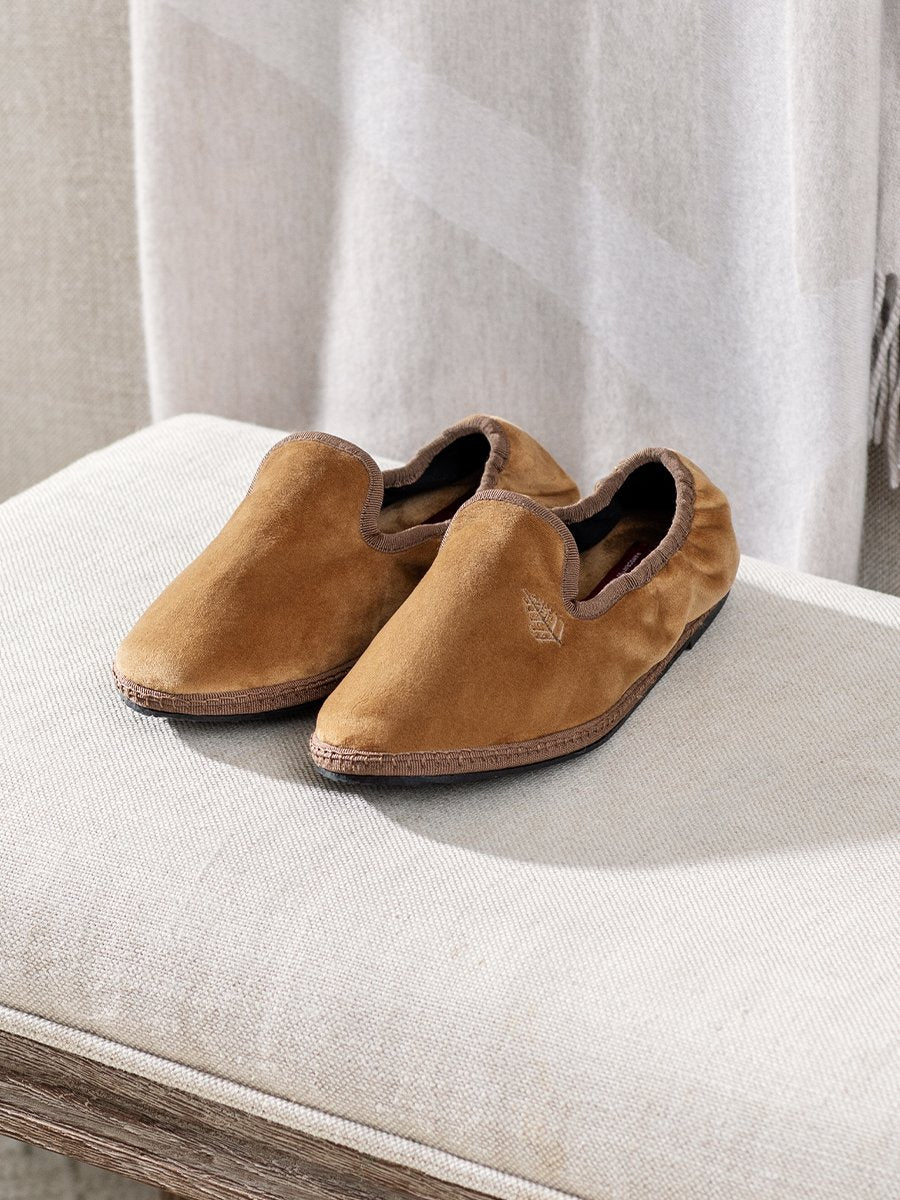 Hand-stitched Velvet Slippers in Egyptian Camel with a sustainable rubber sole, offering a combination of style and comfort.