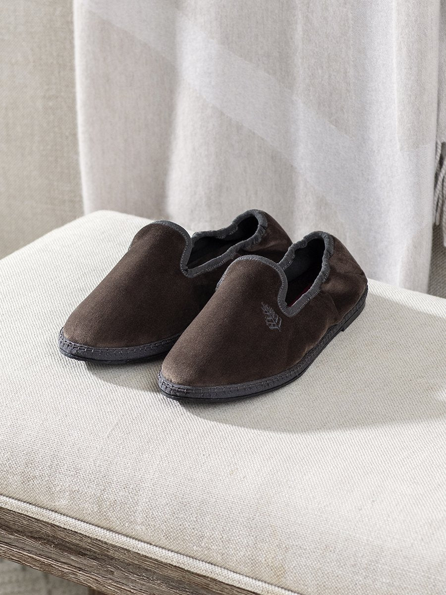 Hand-stitched Velvet Slippers in Hampshire Charcoal with a sustainable rubber sole, offering a combination of style and comfort.