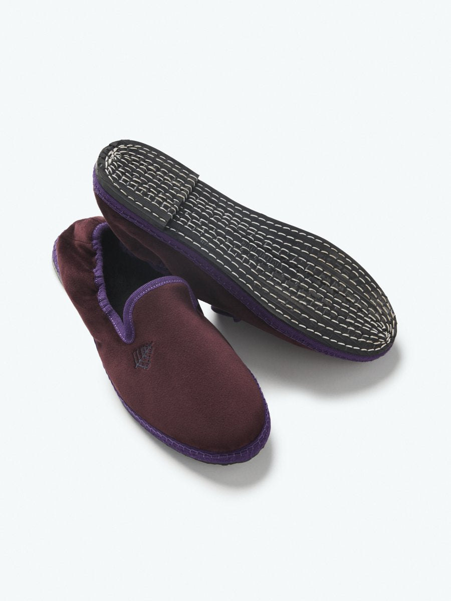 Close-up of the Four Seasons Velvet Slippers in Napa Cabernet, showcasing the luxurious velvet fabric and artisanal hand-stitching.