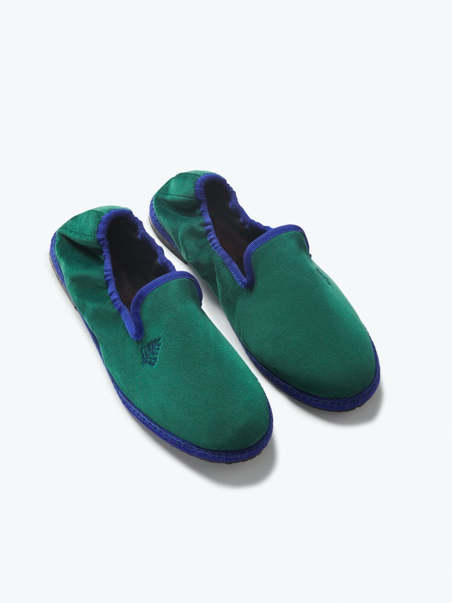 Close-up of the Four Seasons Velvet Slippers in Anguilla Green, showcasing the luxurious velvet fabric and artisanal hand-stitching.