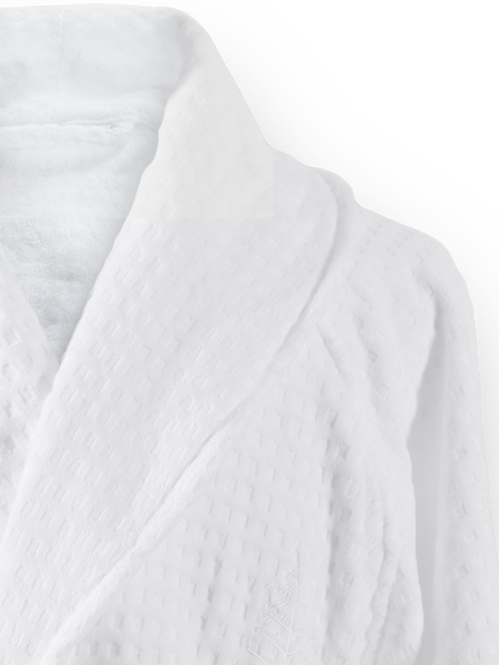 Four Seasons Bath Robe, 100% velour jacquard cotton, white, streamlined tailored fit, double belt-loop, Four Seasons logo embroidered on chest