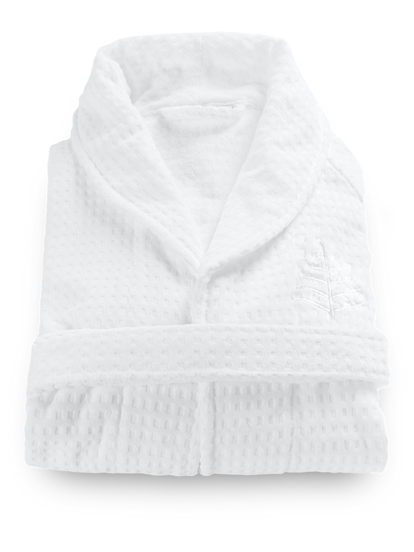 Four Seasons Bath Robe, 100% velour jacquard cotton, white, streamlined tailored fit, double belt-loop, Four Seasons logo embroidered on chest