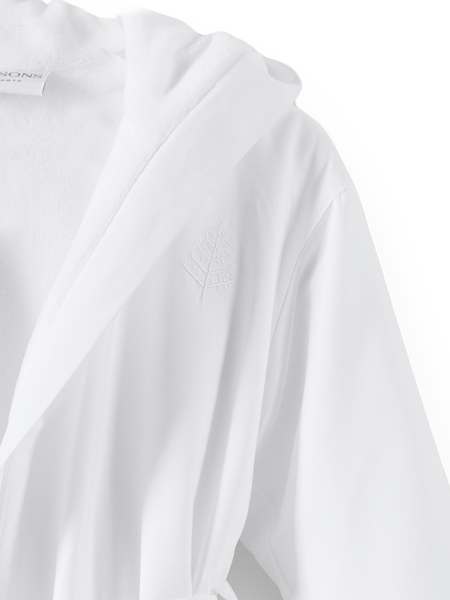 Kids' robe, front, white, 100% microfiber, kimono style, attached hood, flame retardant lining, Four Seasons logo embroidered on chest