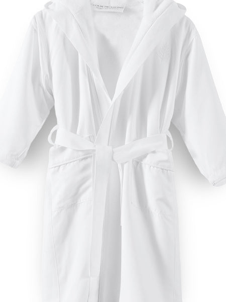 Kids' robe, front, white, 100% microfiber, kimono style, attached hood, flame retardant lining, Four Seasons logo embroidered on chest