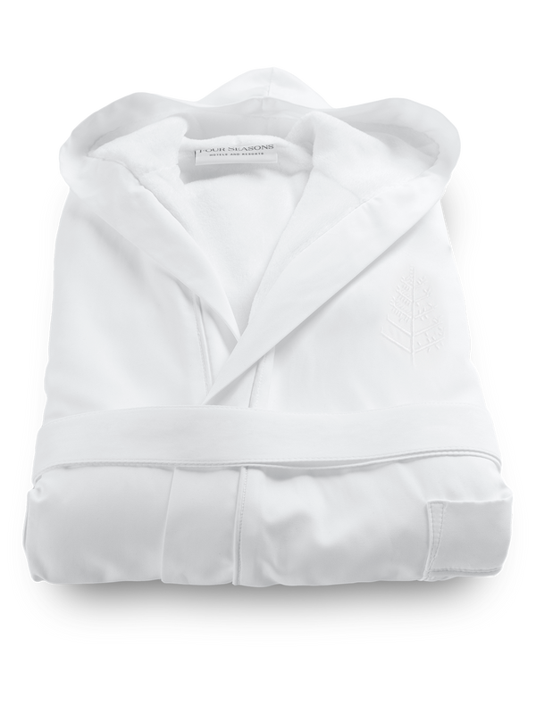 Four Seasons Children's Robe, white, 100% microfiber, kimono style, built-in hood, flame retardant lining, Four Seasons logo embroidered on chest