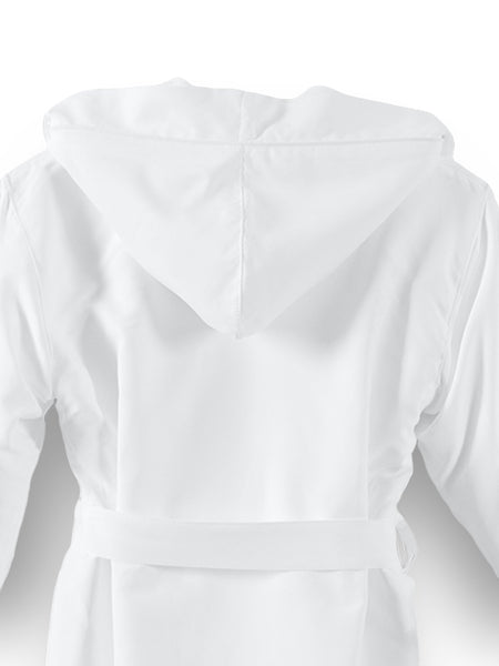 Kids' robe, back, white, 100% microfiber, kimono style, attached hood, flame retardant lining, Four Seasons logo embroidered on chest
