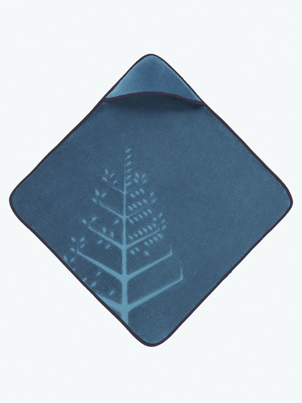 Soft and absorbent hooded baby towel in a calming blue shade, featuring an embroidered Four Season logo.
