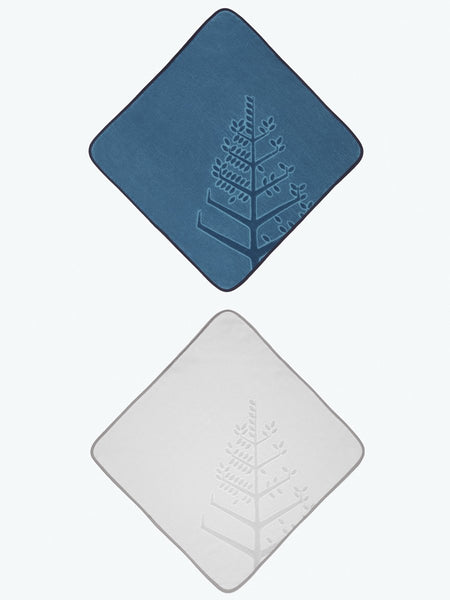 Two baby hooded towels, one in a "Underwater Blue" shade and one in "Mountain Grey," each with an embroidered Four Season logo.