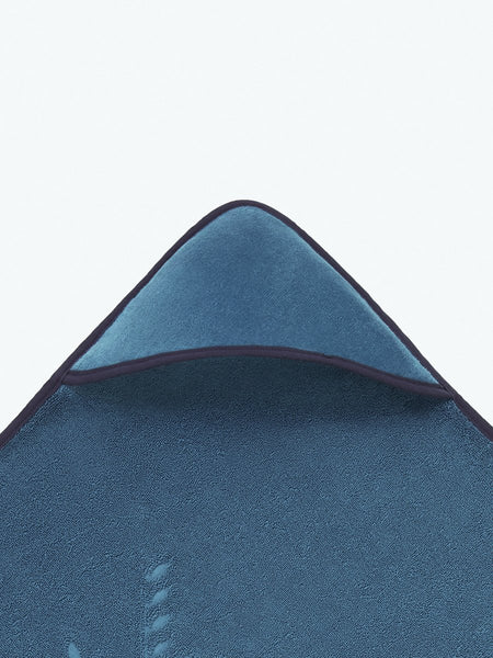 Close-up of the hooded end of a "Underwater Blue" baby towel.