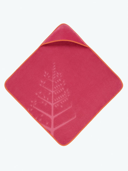 Soft and absorbent baby hooded towel in "Coral Reef Pink" with embroidered Four Season logo.