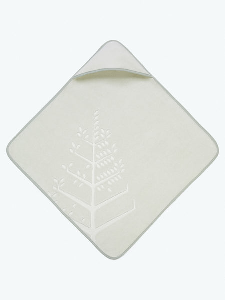 Soft and absorbent baby hooded towel in "Safari Sage" with embroidered Four Season logo.