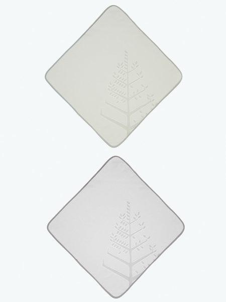 Two baby hooded towels, one in a "Safari Sage" shade and one in "Mountain Grey" each with an embroidered Four Season logo.