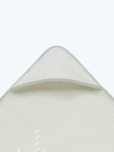 Close-up of the hooded end of a "Safari Sage" baby towel.