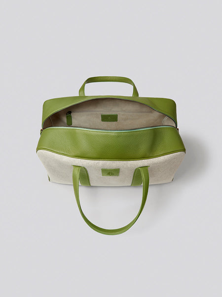 Top view of The Bowler travel bag in Kyoto Matcha from the Four Seasons Travel Collection with the lid open.