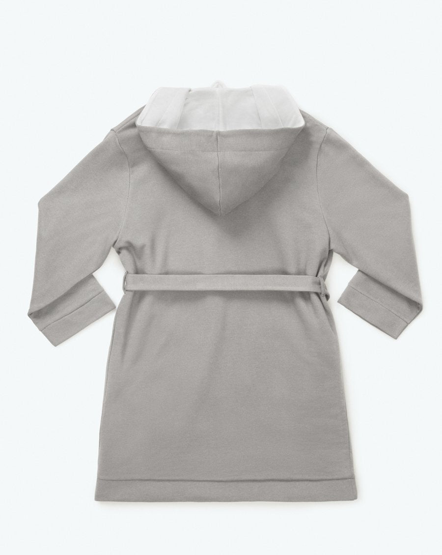 Four Seasons Hooded Robe shown from the back, featuring a mid-length design with a bamboo cotton interior for ultimate comfort. The exterior is a sleek gray in a neutral colorway, with the iconic Four Seasons tree motif carefully embroidered. Soft, stylish, and perfect for a luxurious feel.