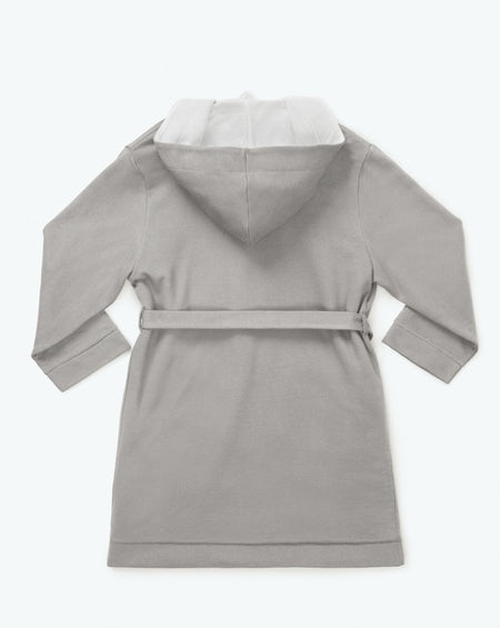 Four Seasons Hooded Robe shown from the back, featuring a mid-length design with a bamboo cotton interior for ultimate comfort. The exterior is a sleek gray in a neutral colorway, with the iconic Four Seasons tree motif carefully embroidered. Soft, stylish, and perfect for a luxurious feel.