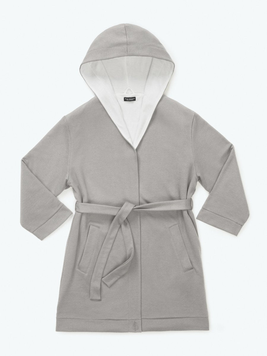 Four Seasons Hooded Robe, mid-length, bamboo cotton interior, grey exterior, neutral colorway, Four Seasons tree motif embroidered, soft and stylish