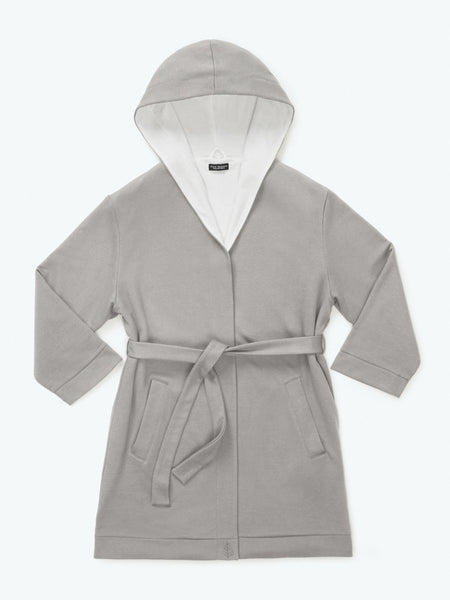 Four Seasons Hooded Robe, mid-length, bamboo cotton interior, grey exterior, neutral colorway, Four Seasons tree motif embroidered, soft and stylish