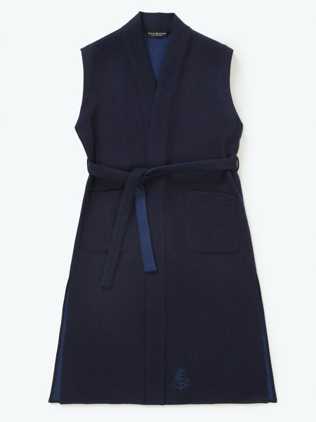 Front view of a Four Seasons Resort, sleeveless, lightweight Italian wool robe, Riviera Navy tone, elegant, stylish and elegant design.