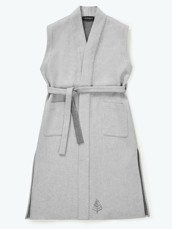Front view of a Four Seasons Resort, sleeveless, lightweight Italian wool robe, grey, elegant, stylish and elegant design.