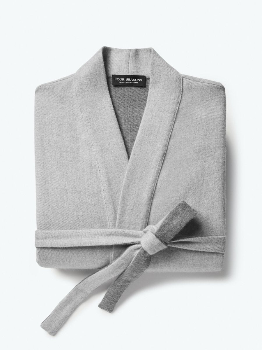 Four Seasons Hooded Robe, mid-length, bamboo cotton interior, grey exterior, neutral colorway, Four Seasons tree motif embroidered, soft and stylish