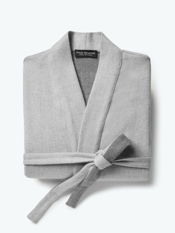 Four Seasons Hooded Robe, mid-length, bamboo cotton interior, grey exterior, neutral colorway, Four Seasons tree motif embroidered, soft and stylish