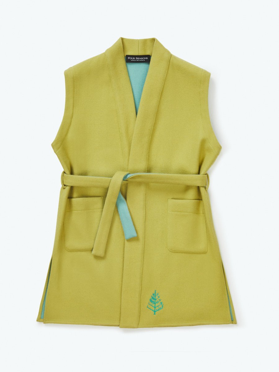 Front view of Four Seasons Resort children's sleeveless lightweight wool robe, Mangrove Green tone, elegant and stylish