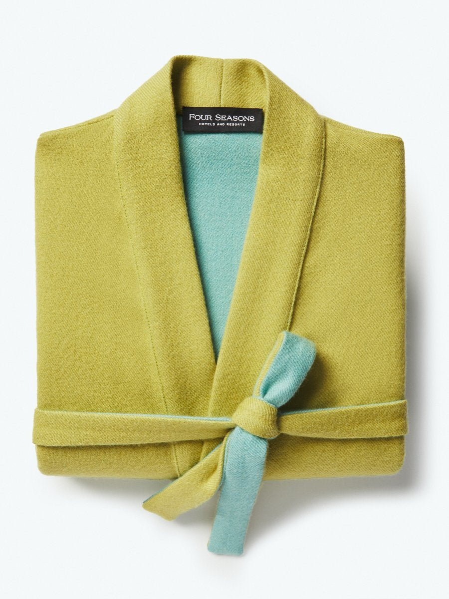 Front view of Four Seasons Resort children's sleeveless lightweight wool robe, Mangrove Green tone, elegant and stylish