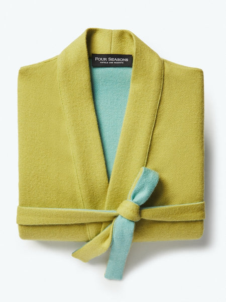 Front view of Four Seasons Resort children's sleeveless lightweight wool robe, Mangrove Green tone, elegant and stylish