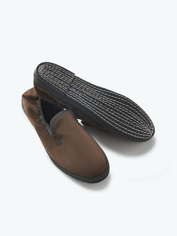 Close-up of the Four Seasons Velvet Slippers in Hampshire Charcoal, showcasing the luxurious velvet fabric and artisanal hand-stitching.