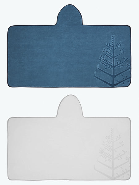 Two children's hooded towels, one in "Underwater Blue" and one in "Mountain Grey", laid flat with the hoods folded over, and embroidered Four Seasons logo.