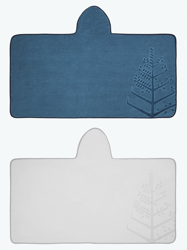 Two children's hooded towels, one in "Underwater Blue" and one in "Mountain Grey", laid flat with the hoods folded over, and embroidered Four Seasons logo.