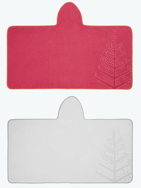 Two children's hooded towels, one in "Coral Reef Pink" and one in "Mountain Grey", laid flat with the hoods folded over, and embroidered Four Seasons logo.