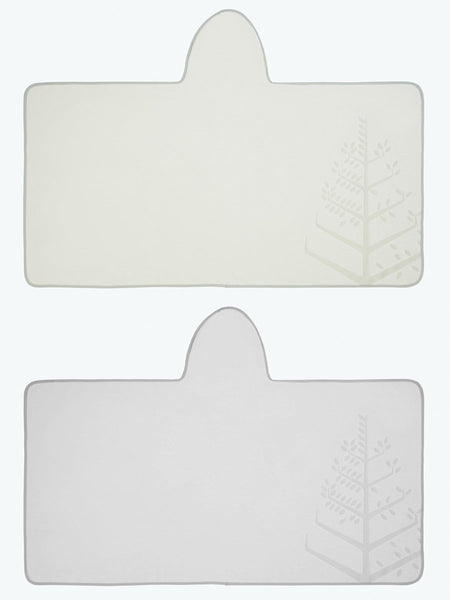 Two children's hooded towels, one in "Safari Sage" and one in "Mountain Grey", laid flat with the hoods folded over, and embroidered Four Seasons logo.